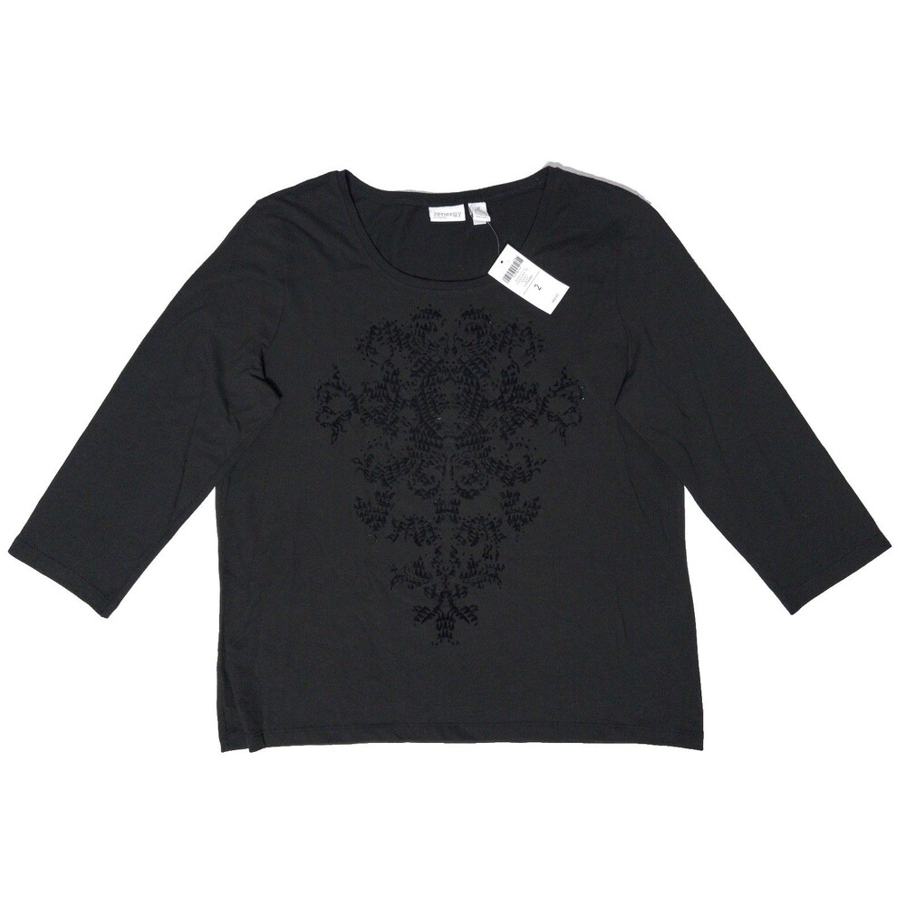 NWT Chico's Zenergy Olivia Flocked Floral Beaded T-Shirt Women L (Chico Size 2)